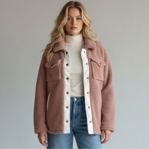 Faherty Teddy Sherpa Fleece Jacket Shacket in Blush Mauve Size Large Winter
